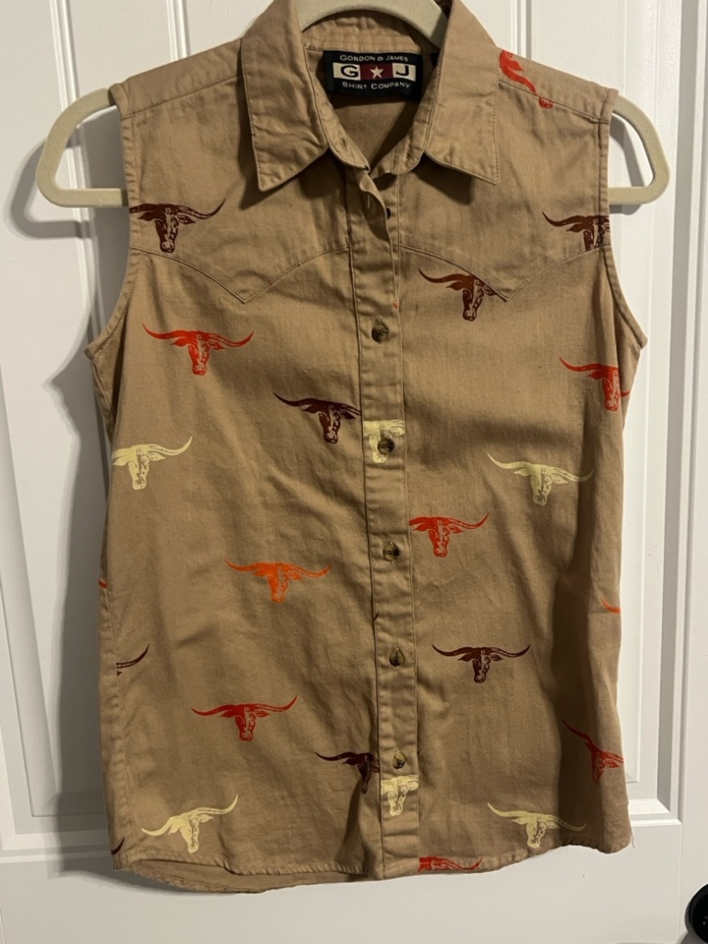 Vtg Gordon & James Sleeveless Cow Skull Button Western Top. Women's Size S